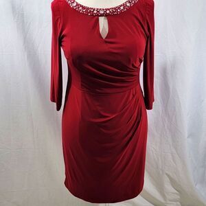 Alex Evening Berry Wine Ruching Dress with Rhinestone Neckline‎ Size 14W. #166